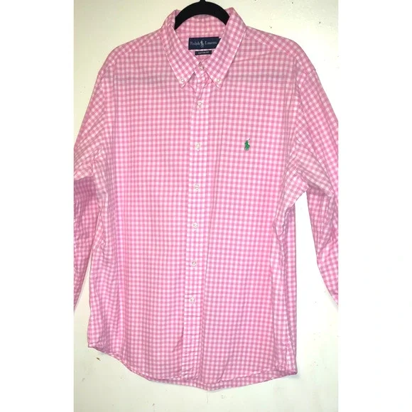 Ralph Lauren Gingham Shirt Mens XL Pink White Custom Cotton Resort Party Pony - Picture 2 of 16
